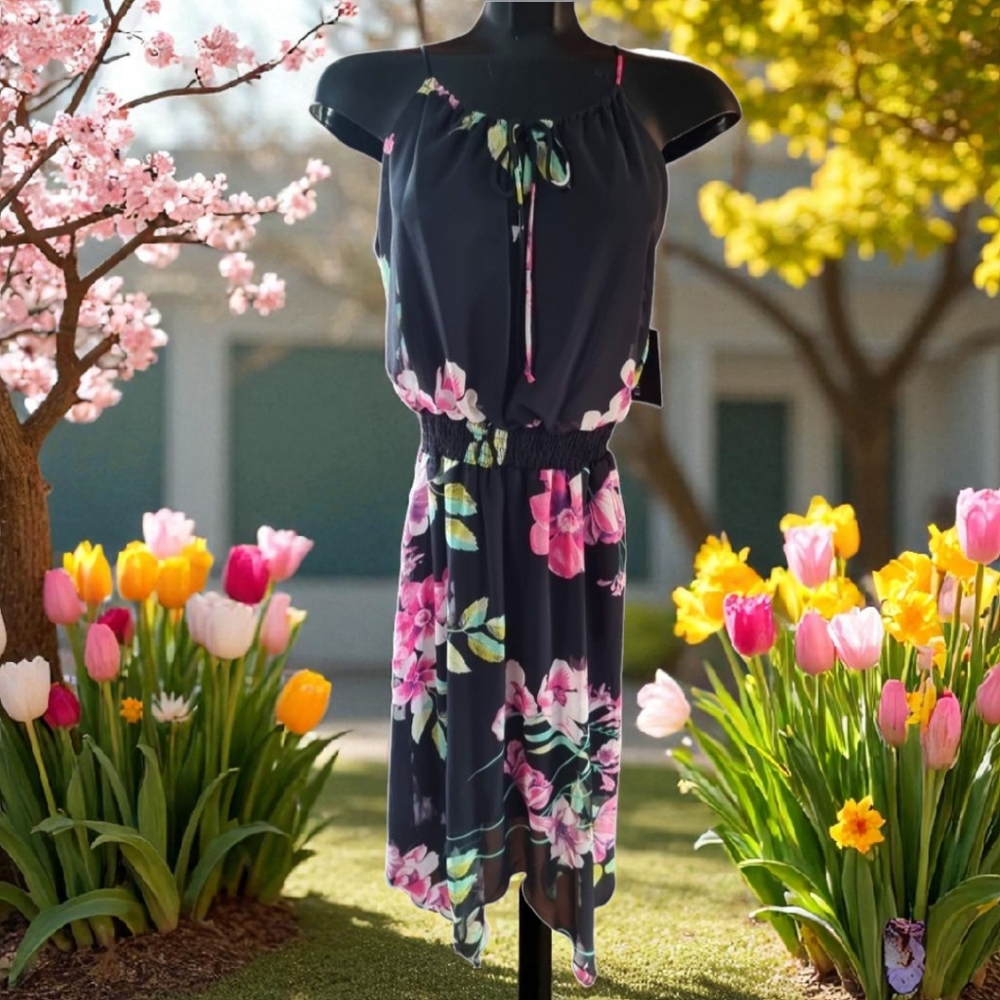 🆕️ Enfocus Studios Floral Lined Sleeveless Dress With AsymetricalScalloped Hem